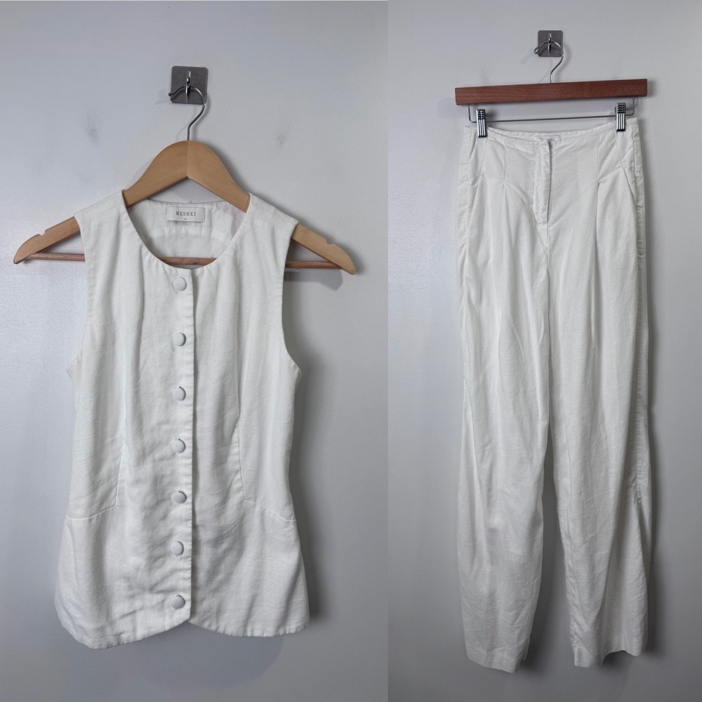 Meshki Women 2 Piece Set White Linen Blend Vest and Pleated Pants Formal XS